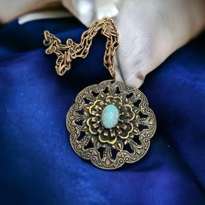 Link Chain Pendant Necklace Floral Faux Turquoise Victorian Revival Vintage